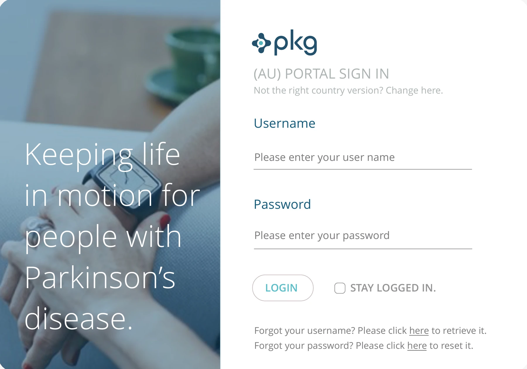 The PKG clinic portal sign-in screen, in the refreshed brand: a photograph of a wrist with a watch beside the sign-in form.