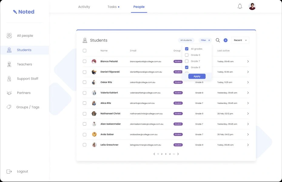 Noted design concept: student filter selection