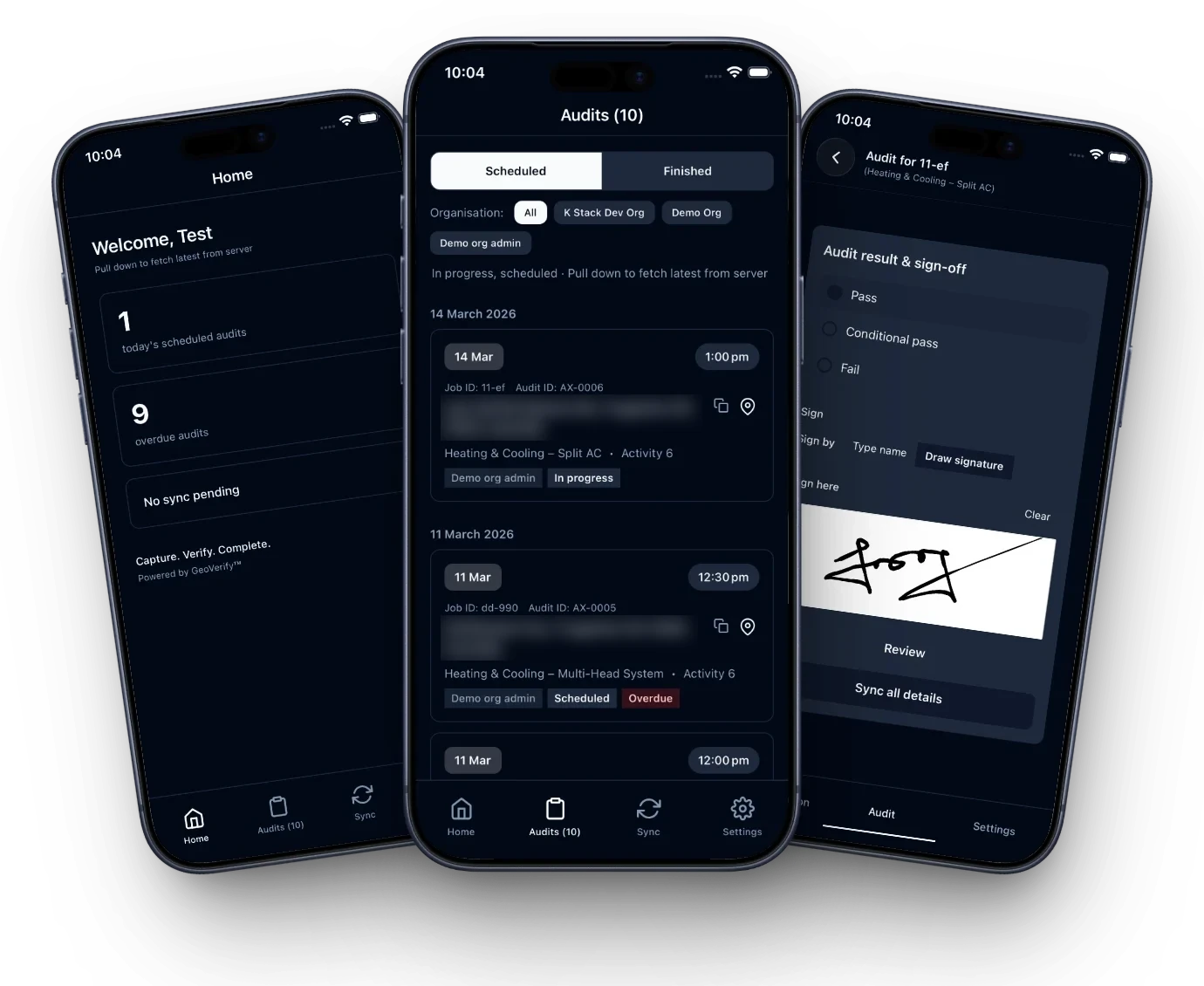 Plugya mobile app: a home screen, a list of scheduled audits, and an audit result and sign-off screen with a signature.