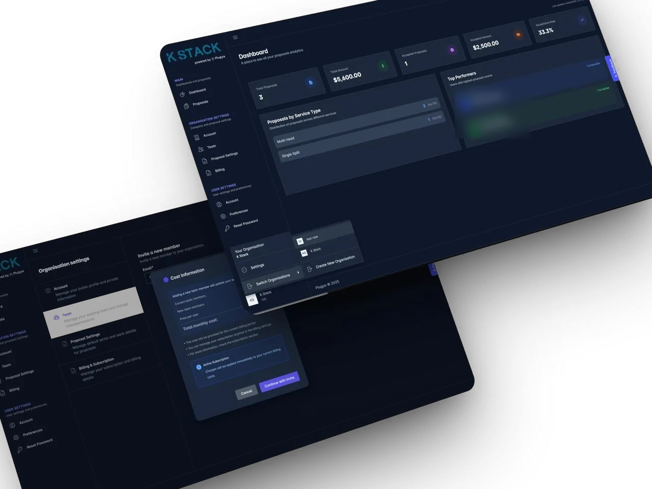 Plugya on desktop: a proposals dashboard with totals, proposals by service type and top performers, over an organisation settings screen for inviting a team member.