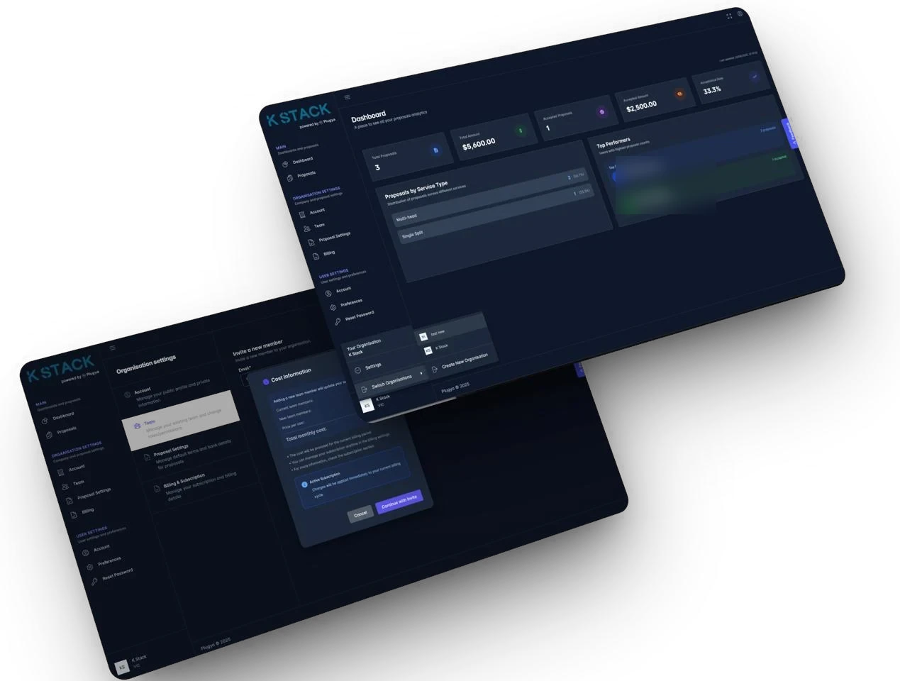 Plugya on desktop: a proposals dashboard with totals, proposals by service type and top performers, over an organisation settings screen for inviting a team member.