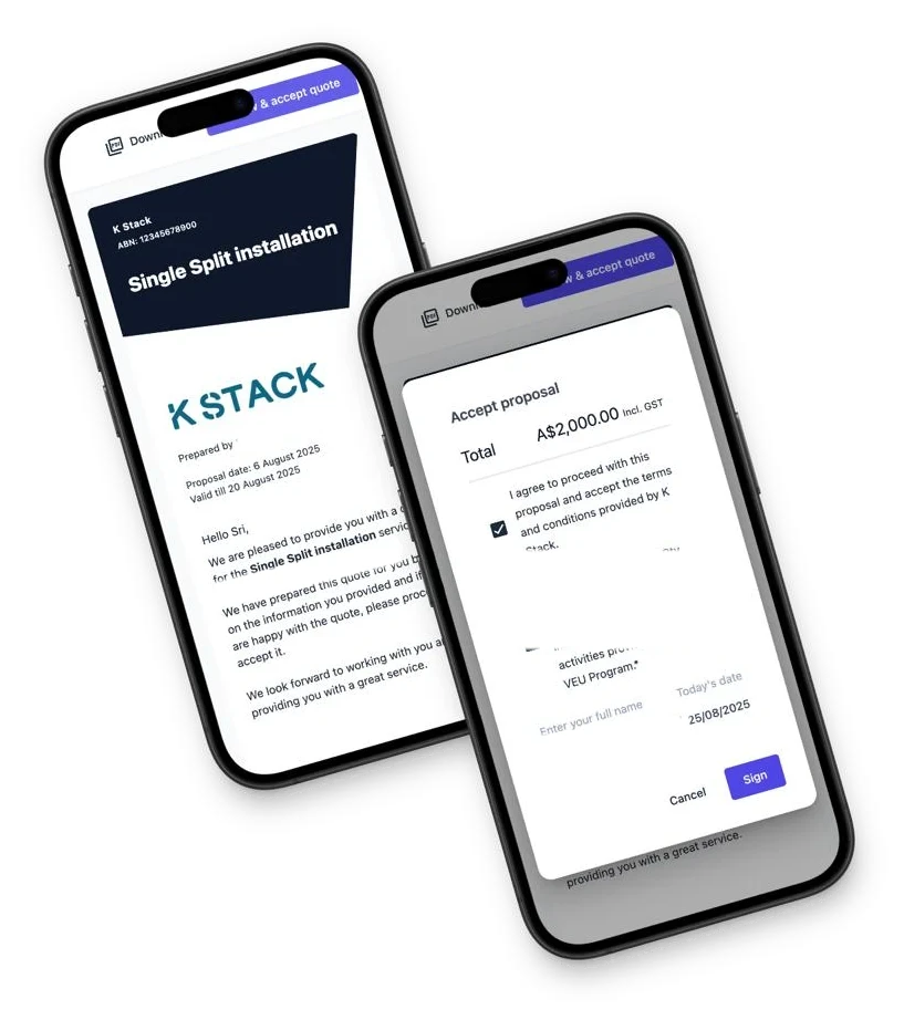 Plugya on mobile: a customer’s proposal for a single split installation, and the accept proposal dialog with the total, consents and a signature.